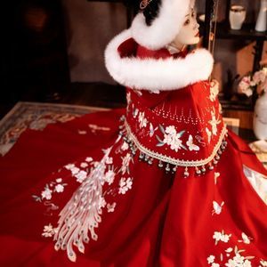 Fox Fur Hooded Cloak + Shawl and Floral Peacock Embroidery | Fleece Plush Cape